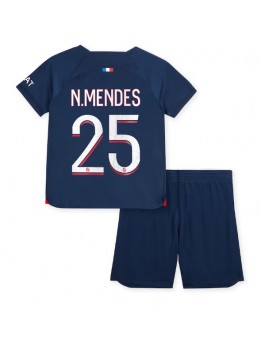 Paris Saint-Germain Nuno Mendes #25 Heimtrikotsatz für Kinder 2023-24 Kurzarm (+ Kurze Hosen)